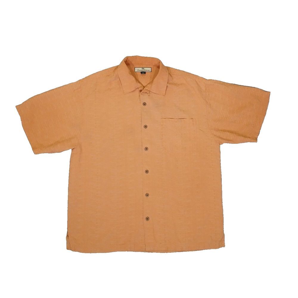 Tommy Bahama 100% Silk Button Up Shirt Short Sleeve Hawaiian Orange Mens Large